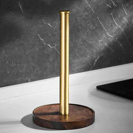 Keukenrolhouder Walnoot Hout Goud RVS 27cm Aanrecht | Keukenpapier Houder Staand Luxe Keuken | Restfield