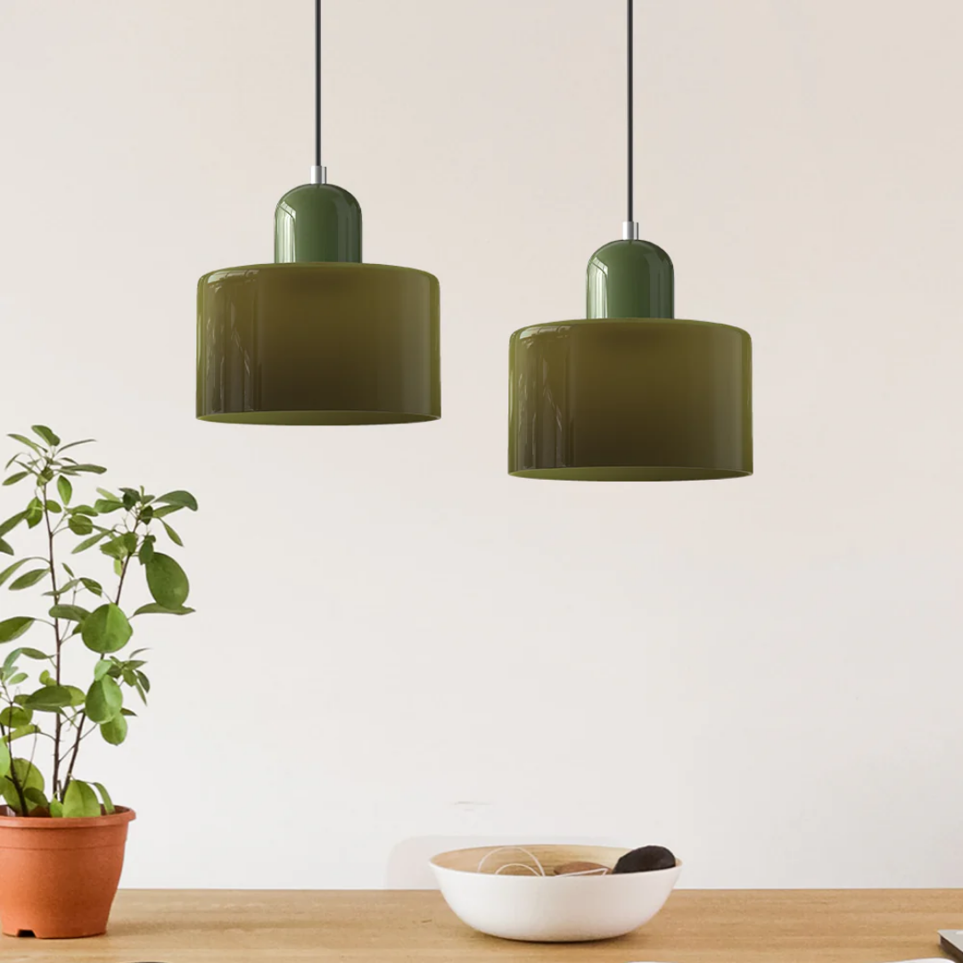 Tusa – Retro hänglampa med orange glaskupa & grön ovandel