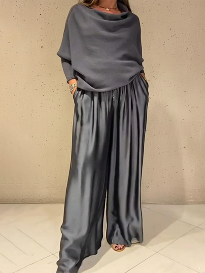 Women's Silk Satin Lounge Set Two Piece Wide Leg Trousers Off Shoulder Top