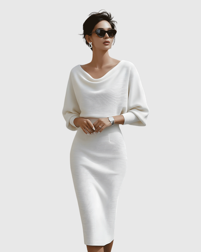 Women's Cowl Neck Batwing Sleeve Ribbed Midi Dress