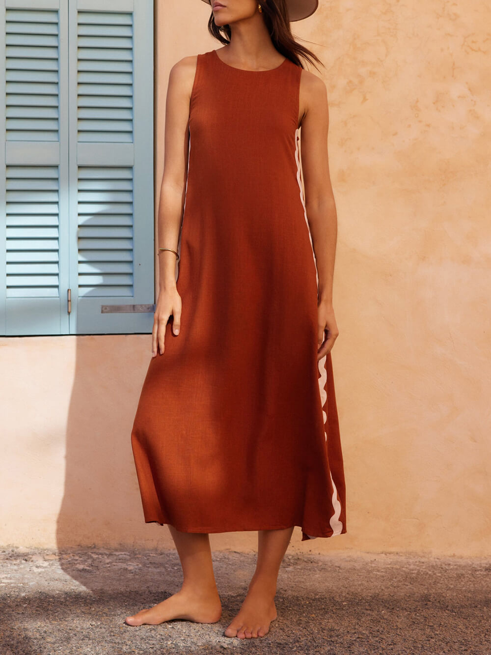 Women's Sleeveless Maxi Dress with Side Wave Embellishments and Side Slit