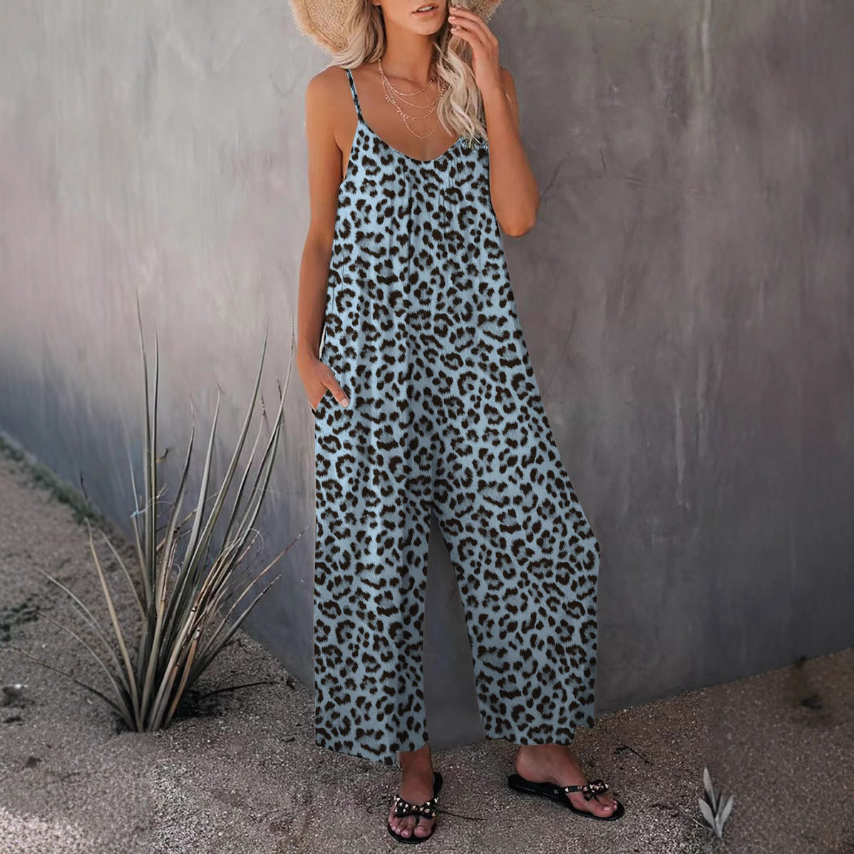 Sorax - Ärmelloser Leopard Muster Jumpsuit