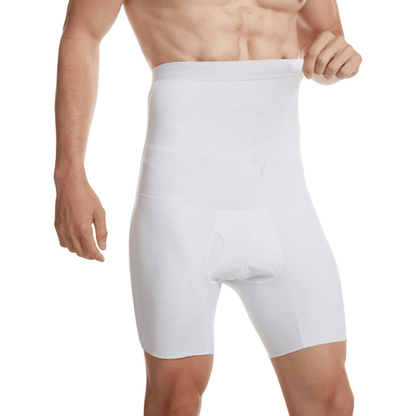 Männer Kompressionshose, weiß, nahtlos, Bauchkontrolle, Shapewear, elastisch, Fitnessbekleidung.