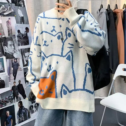 Jasper – Long Sleeve Cat Print Sweater With Round Neck