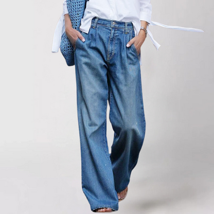 Women's High-Waisted Pleated Wide Leg Denim Jeans