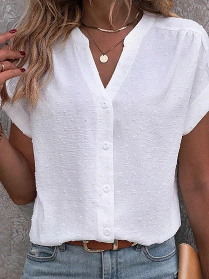 Blouse Blanche Femme Col V Boutonnée – Haut Texturé Décontracté
