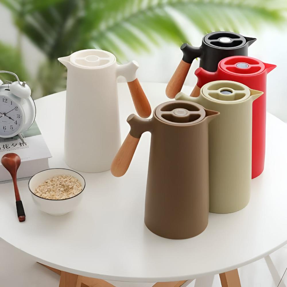 Geïsoleerde Karaf 1 Liter Houten Handvat Dubbelwandig Koffiekaraf Thermos Scandinavisch Design Groen Wit Zwart Rood Bruin | Restfield