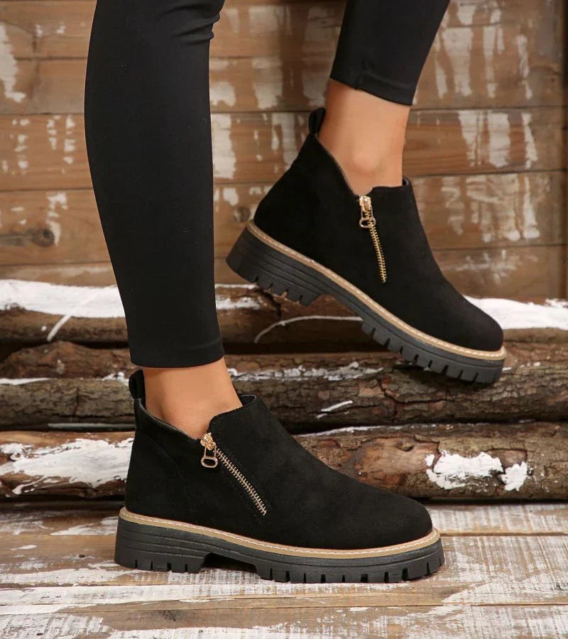 Bottines Confort Femme – Bout Rond avec Plateforme et Fermeture Zippée