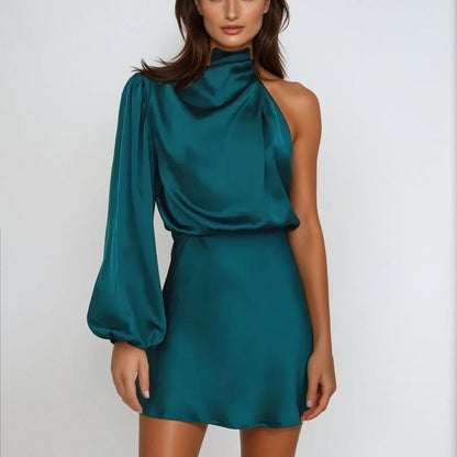 Olivia – Elegante midi-jurk met één schouder lange pofmouwen en vloeiend silhouet