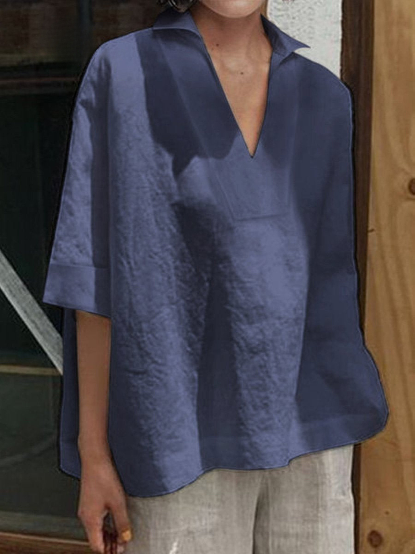 Women's Linen Blouse V-Neck Loose Fit Tunic Top