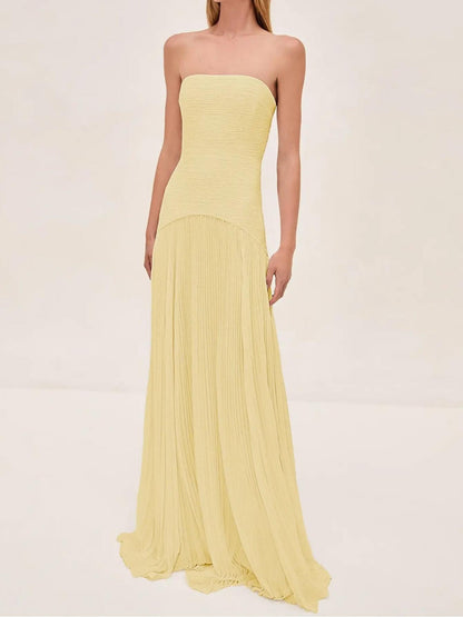 Women's Strapless Pleated Maxi Wedding Guest Dress