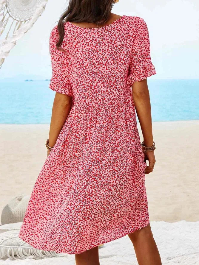 Women's Ditsy Floral V-Neck Short Sleeve Smock Dress