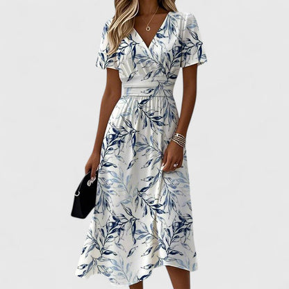 Women's Floral Wrap Midi Dress V-Neck Short Sleeve