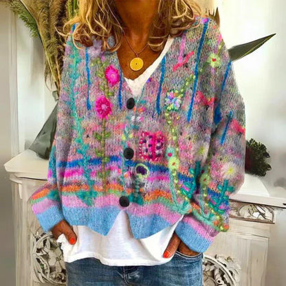 Damen Floral Strickcardigan | Mit Knopfleiste