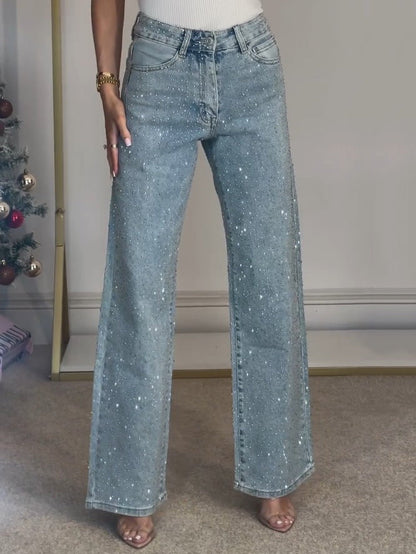 Jean glamour taille haute à jambes larges et brillance subtile