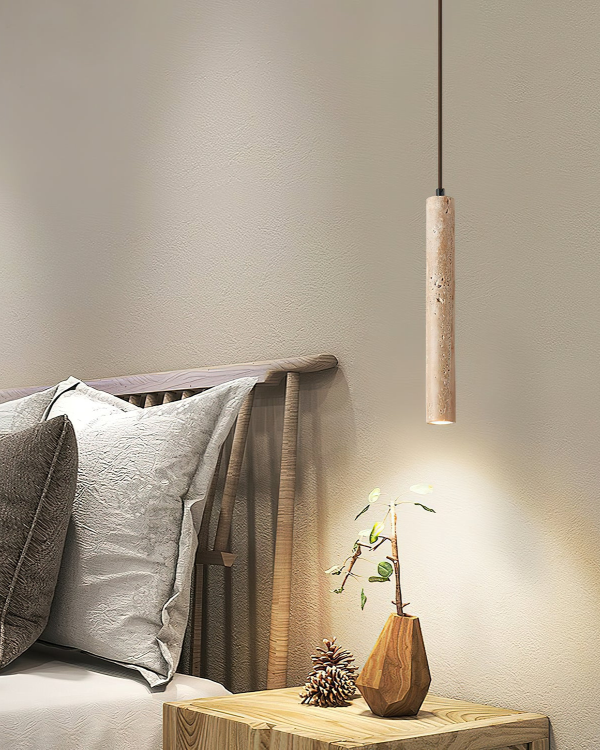 Natuurlijke travertin hanglamp met cilindervormig design voor eetkamer en hal – Japandi natuursteen verlichting | Restfield
