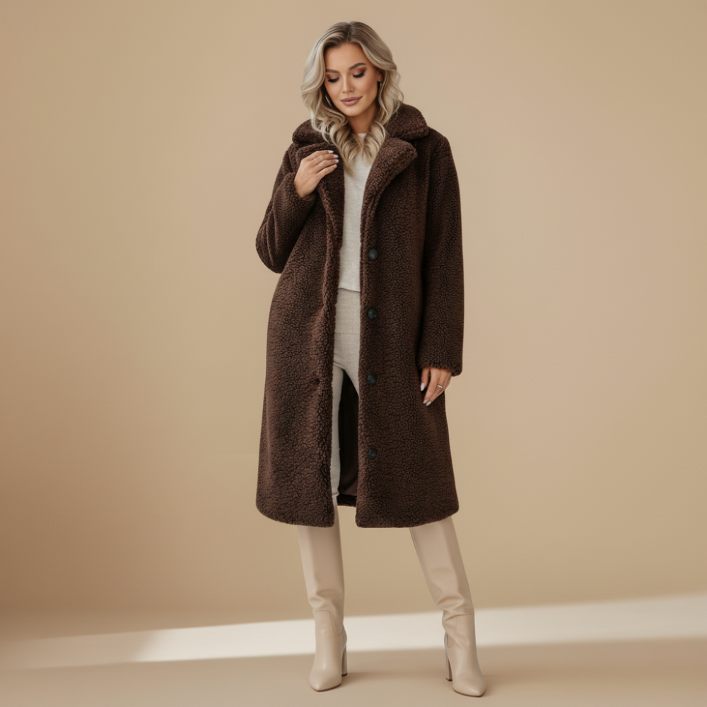 Angel Manteau Teddy Long Femme – Coupe Oversize Douce avec Col Revers & Fermeture Boutonnée