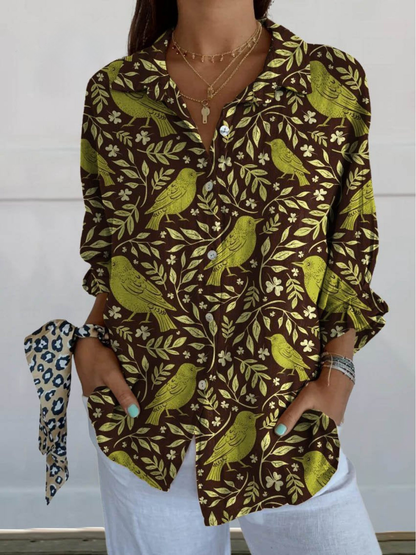 Women's Linen Blend Bird Print Long Sleeve Button Down Shirt