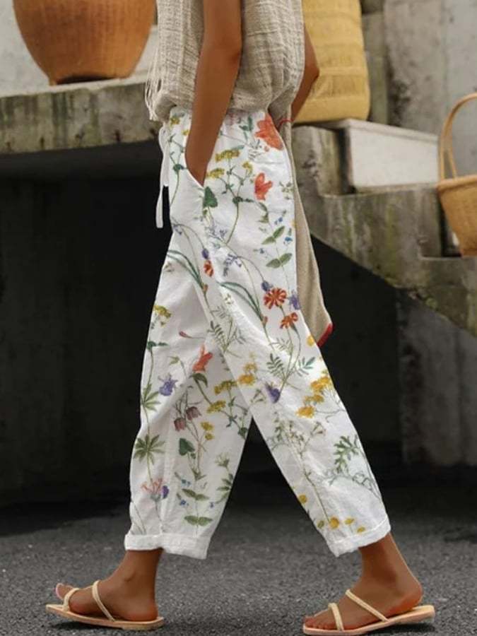 Women's Straight Leg Linen Look Trousers with Elastic Waistband