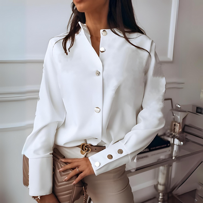 Esmira – Women’s Elegant Shirt with Stand Collar and Gold Button Detail