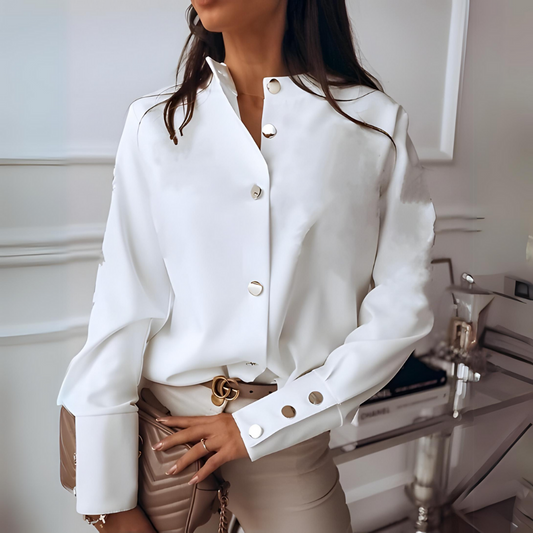 Esmira – Women’s Elegant Shirt with Stand Collar and Gold Button Detail