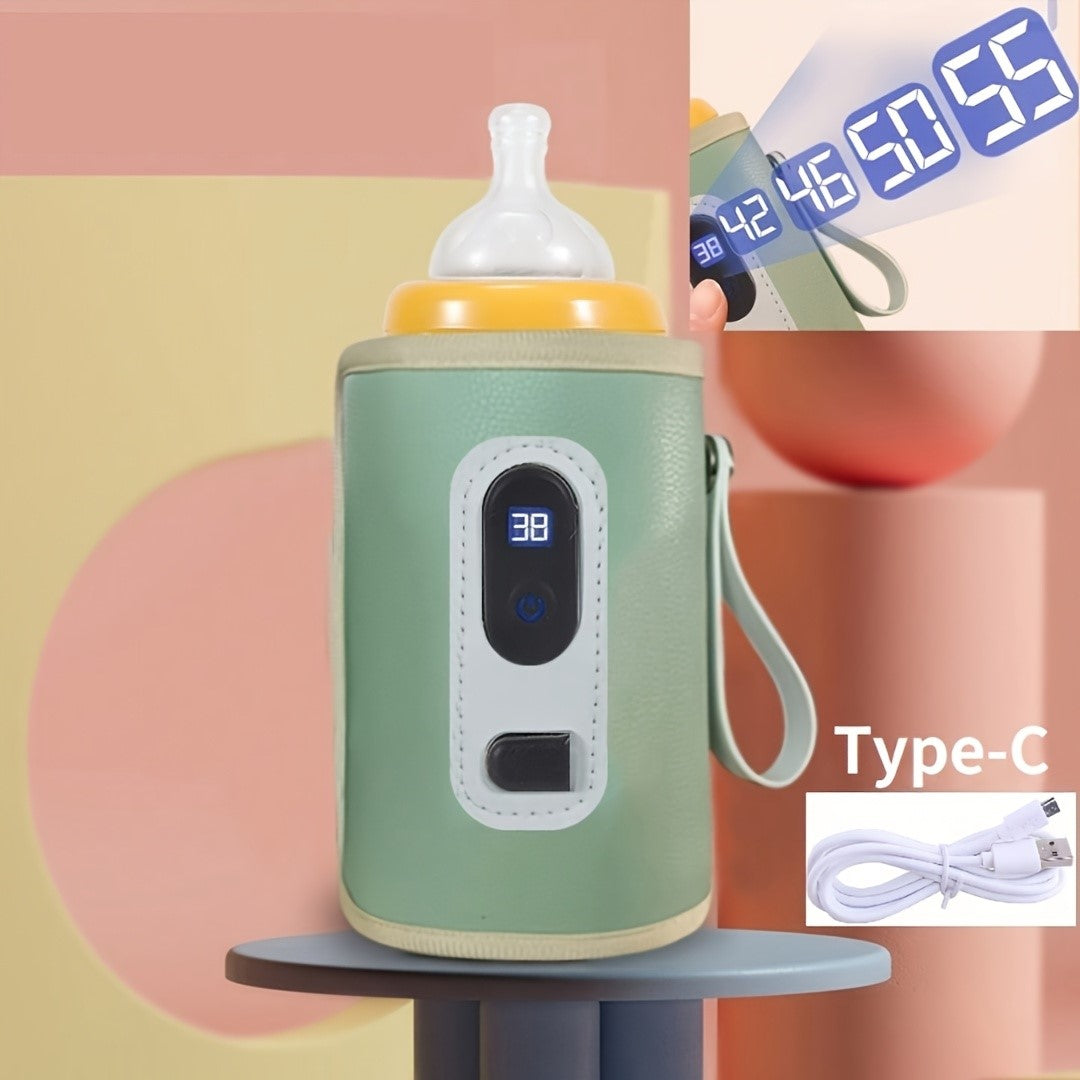 Chauffe-biberon portable vert avec affichage numérique de température, alimentation USB Type-C, idéal pour voyages et sorties avec bébé.