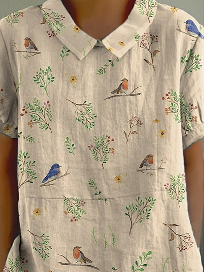 Linen Robin Bird Print Women's Casual Button-Down Shirt and Dress