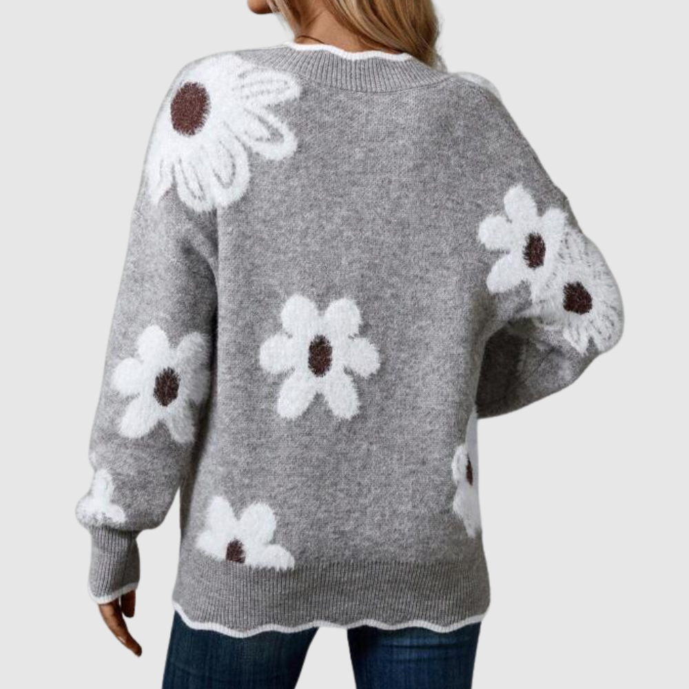 Amelia – Damski sweter z kwiatowym wzorem i dekoltem w serek
