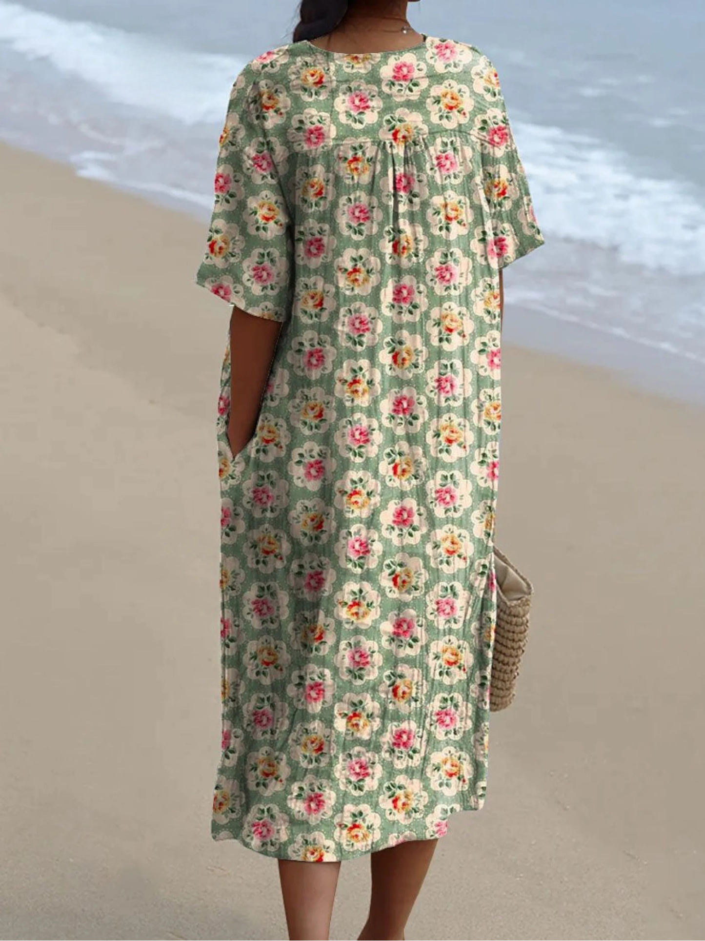 Women's Linen V-Neck Floral Print Midi Dress