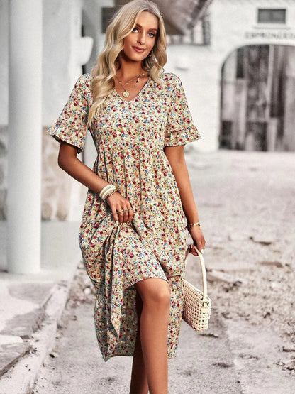 Robe Midi Fleurie Femme à Col V – Robe d’Été Légère à Manches Courtes