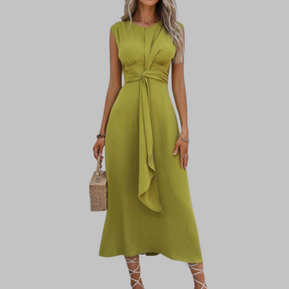 Women's Belted Midi Dress Sleeveless Round Neck A-Line