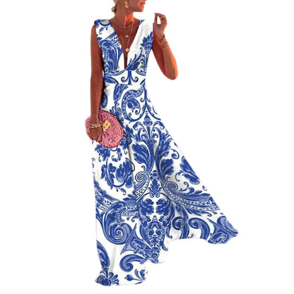 Robe longue sans manches à col V avec jupe fluide