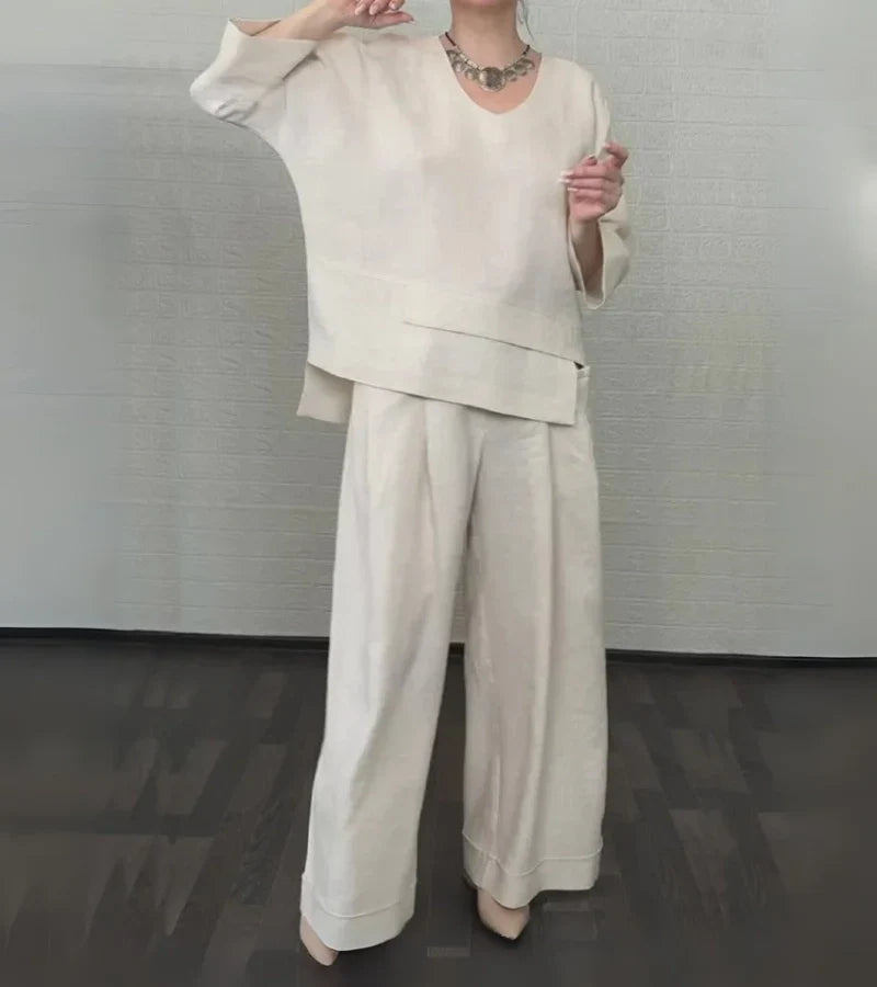 Sonja | Elegant women's outfit with asymmetric top and wide-leg trousers