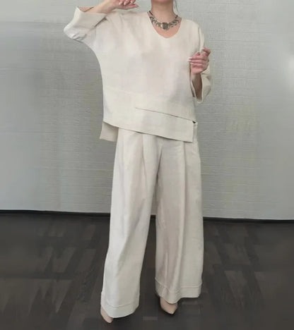Sonja | Elegant women's outfit with asymmetric top and wide-leg trousers