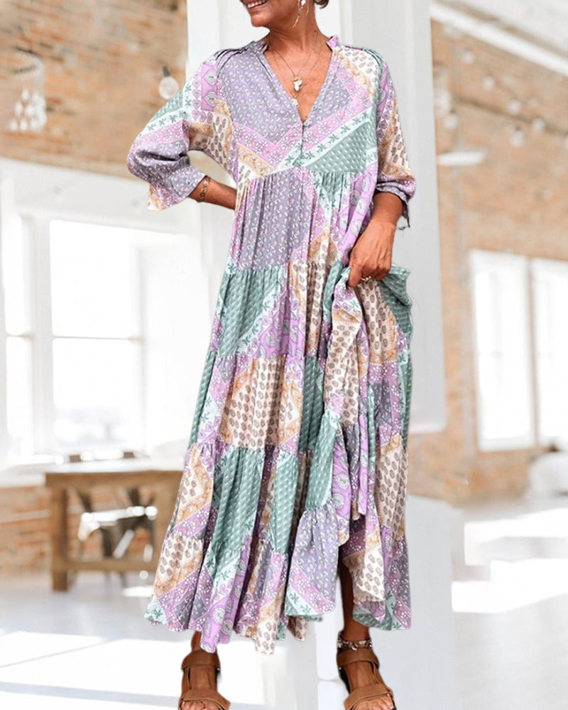 Robe Femme Maxi Imprimé Patchwork Coupe Ample Col V Manches 3/4
