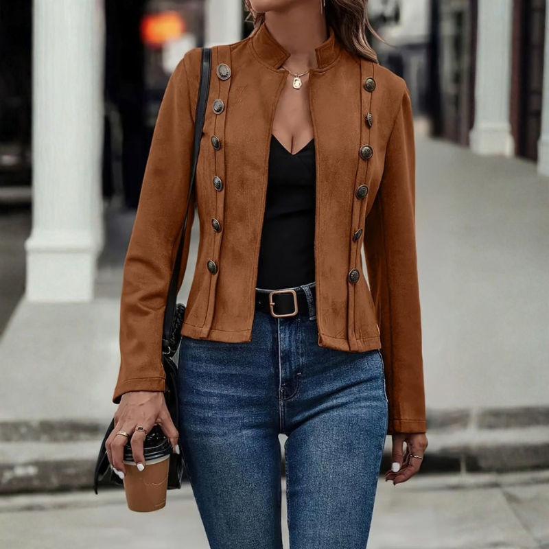 Solvya - Long sleeve open front jacket with decorative button
