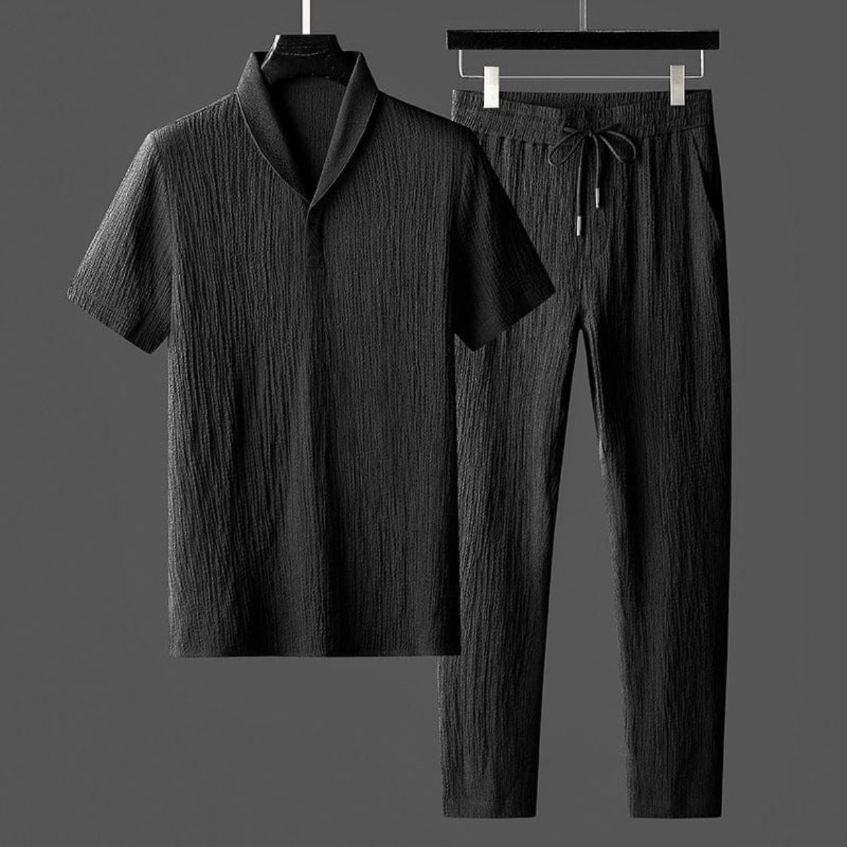 Men's Knit Shawl Collar Short Sleeve Shirt and Long Trousers Two-Piece Set