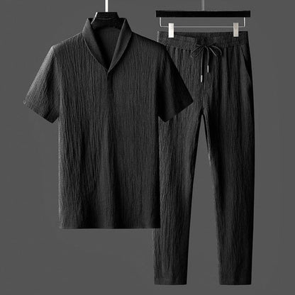 Men's Knit Shawl Collar Short Sleeve Shirt and Long Trousers Two-Piece Set