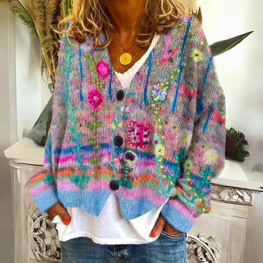 Fioralina – Damen Boho Cardigan Mehrfarbig Mit Blumenstickerei