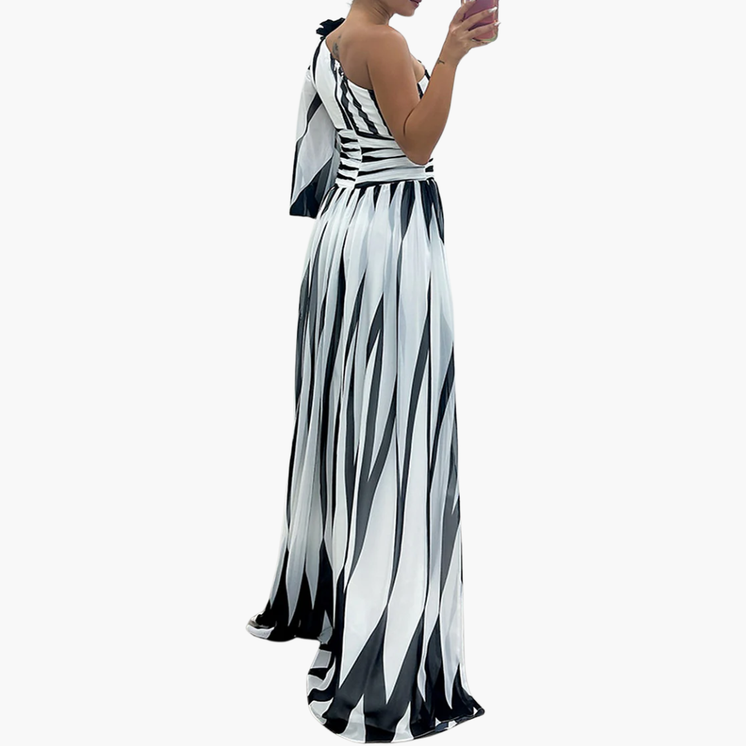 Susan - Ein-schultriges - Print Puff Ärmel Maxi Kleid mit Schlitz