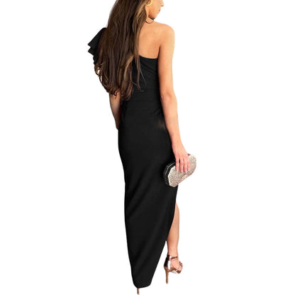 Robe maxi asymétrique à une épaule avec fente latérale et nœud découpé