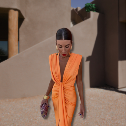 Robe longue femme élégante drapée col V sans manches fente soirée chic