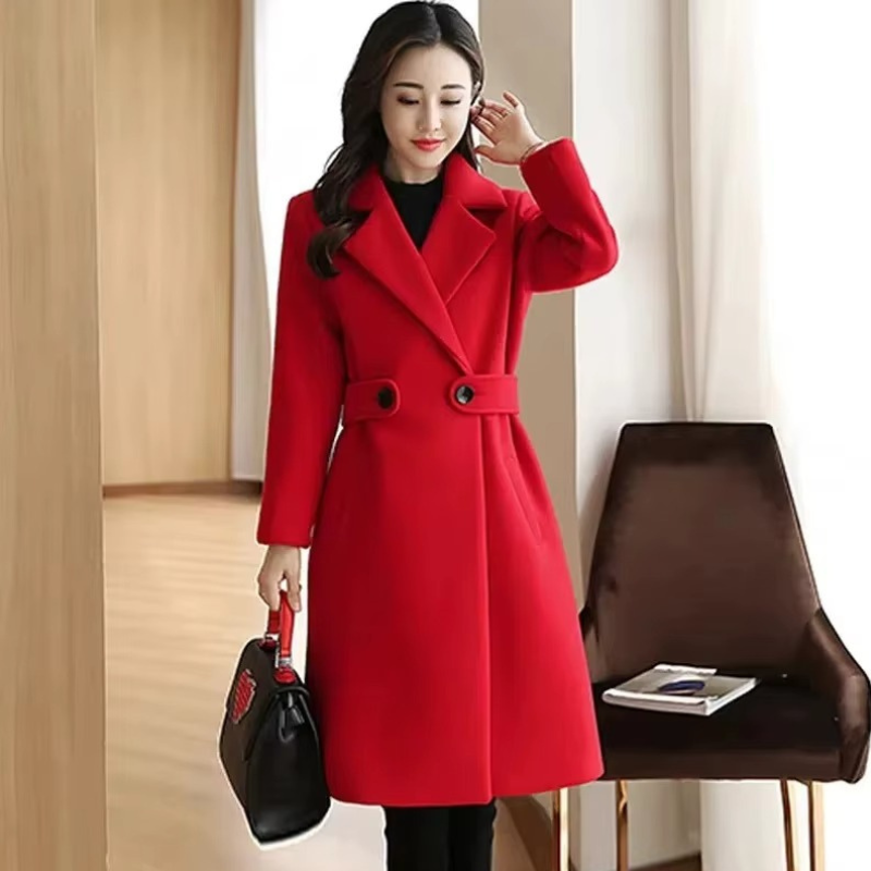 Faith - Long Sleeve Long Coat with Belted Waist and Side Pockets