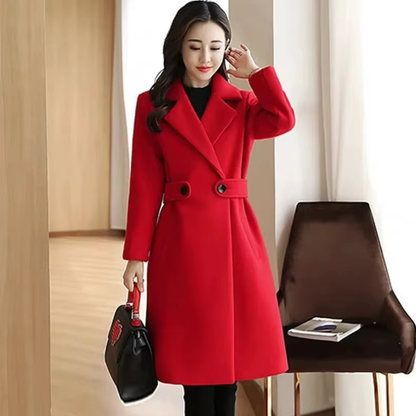 Faith - Long Sleeve Long Coat with Belted Waist and Side Pockets