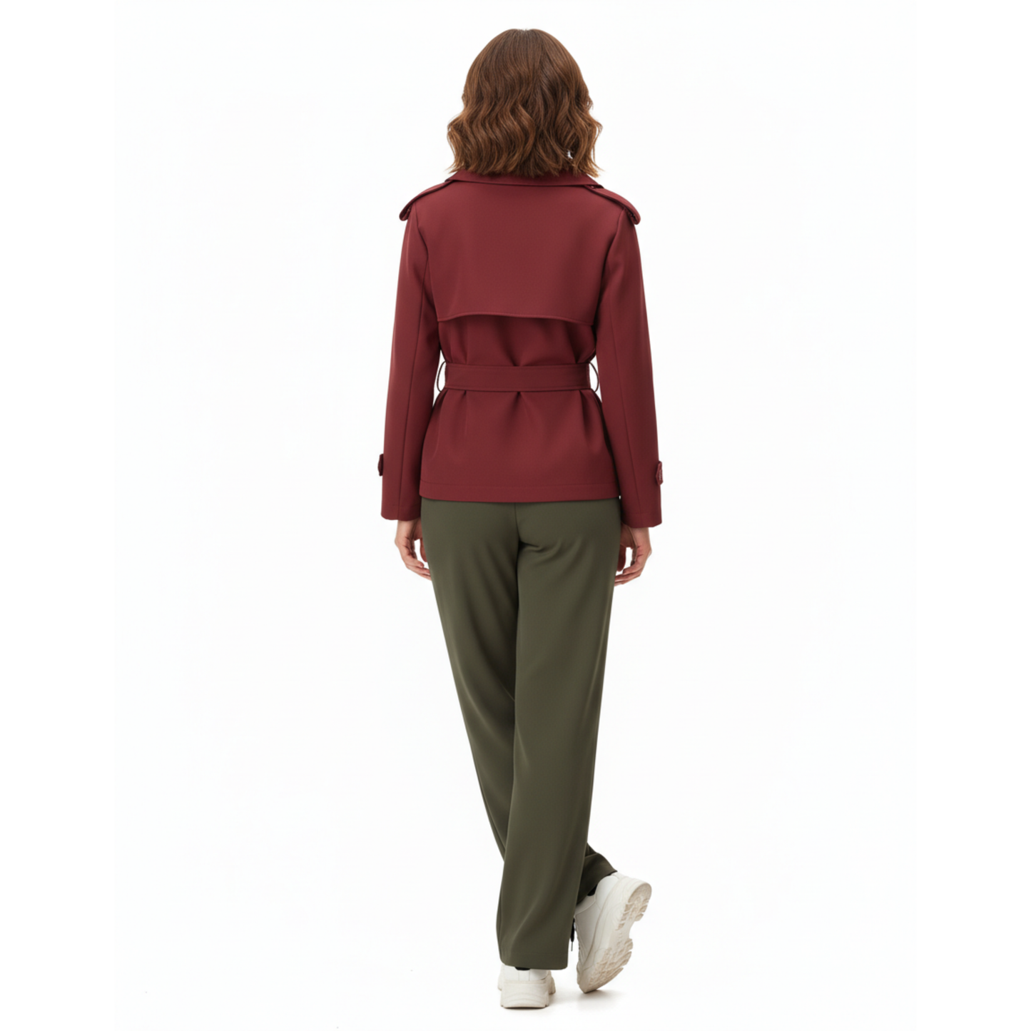 Trench-Coat Court en Polyester avec Ceinture et Col à Revers pour Femme
