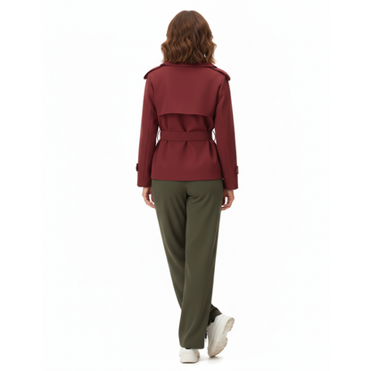 Trench-Coat Court en Polyester avec Ceinture et Col à Revers pour Femme