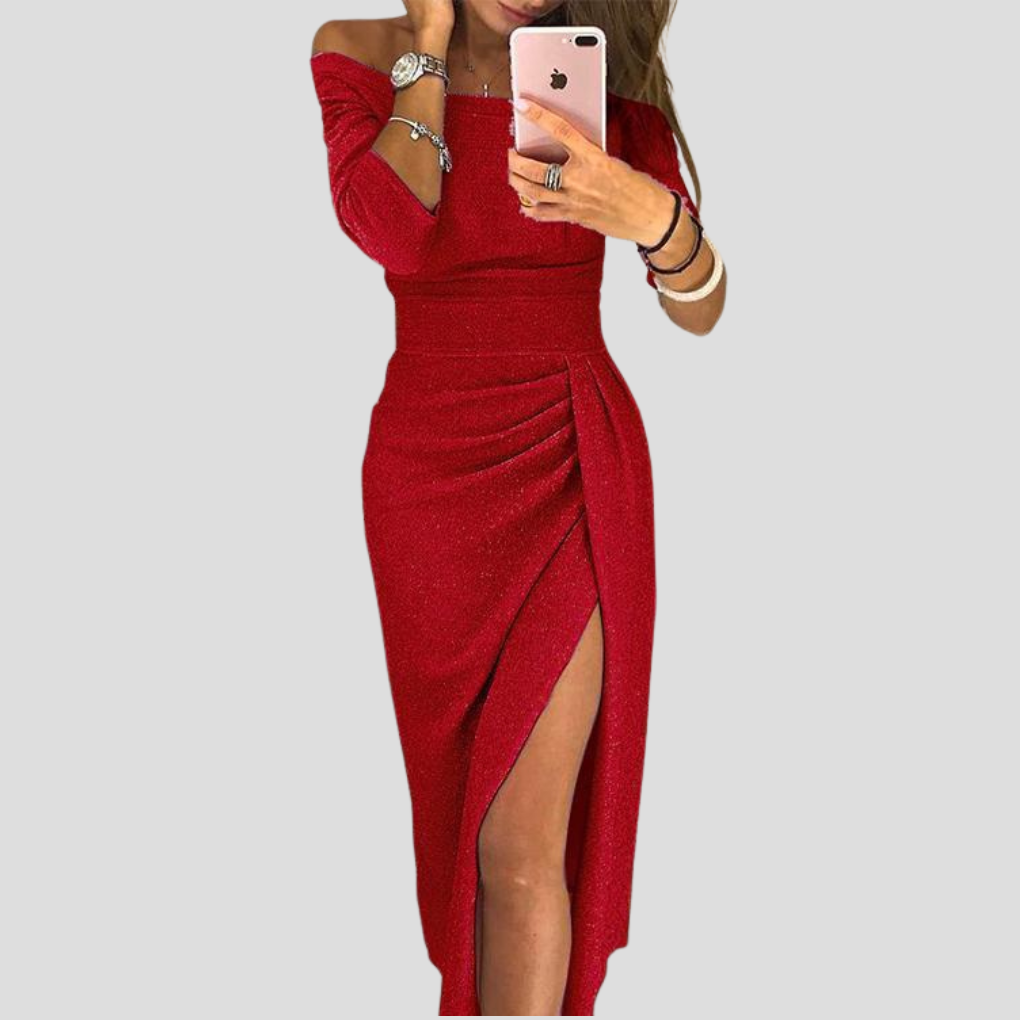 Sienna | Women’s Off-Shoulder Glitter Midi Evening Dress
