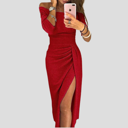 Sienna | Women’s Off-Shoulder Glitter Midi Evening Dress