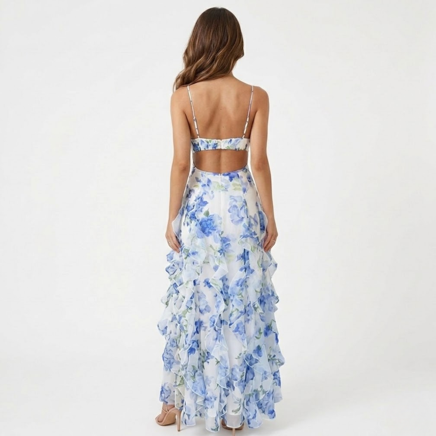 Robe Longue Fleurie à Volants avec Bustier Corset et Fines Bretelles