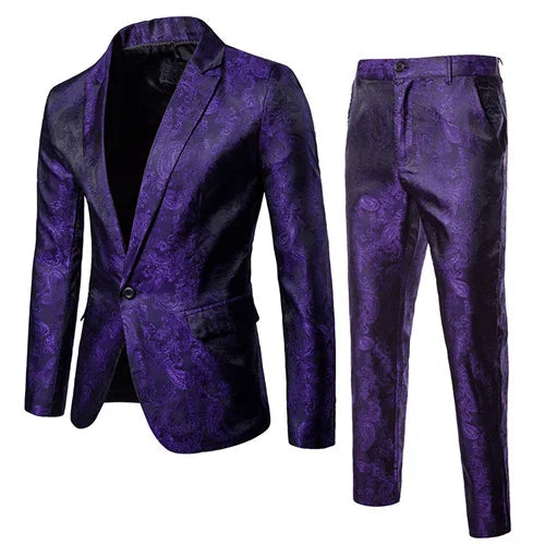 Men’s Jacquard Suit Set Slim Fit Formal Blazer Trousers